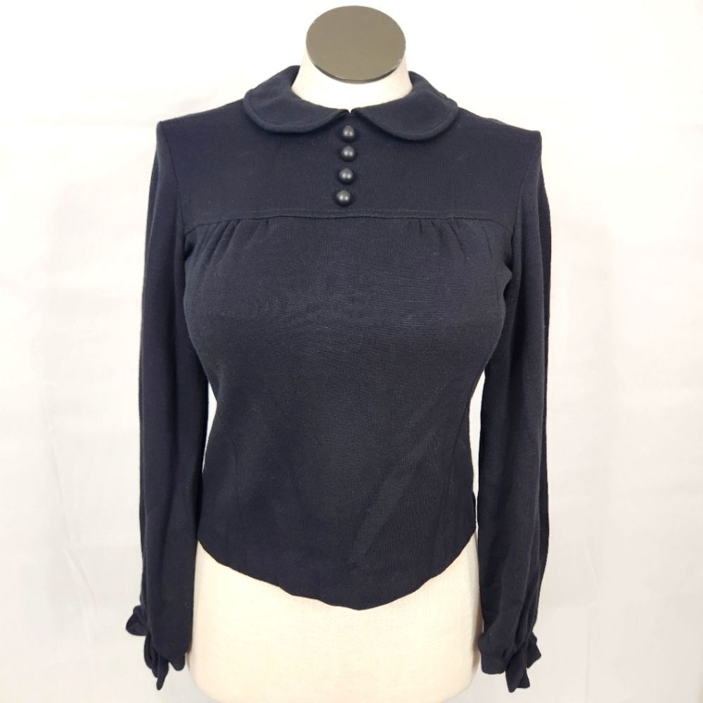 VTG 60's Bobbie Brooks Black Wool Long Sleeve Top W/ Bows & Button Detail Sz 13